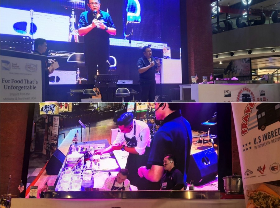 Ketua Apkrindo Jawa Timur, Tjahjono Haryono (atas) dan saat chef demonstrasi membuat olahan bahan pangan asal AS pada acara US Travel Show 2022 (bawah)